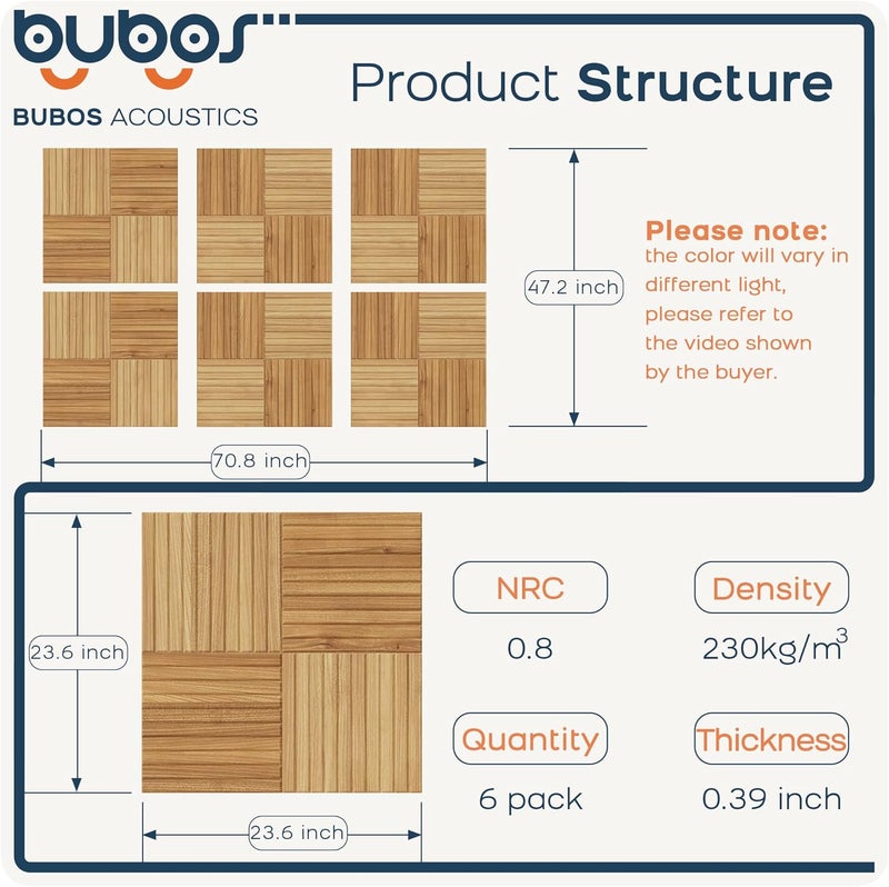 B Bubos Large Acoustic Panels,6 Pack Wood-Pattern Printing Soundproof Wall Panels, Total Size 70.8 x 47.2 Inches Self-Adhesive Decorative Sound Absorbing Panels for Studio, Home,Natural Grain​​ Weave - Image 2